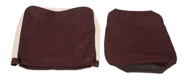 Bekleding voor de voorstoelen van een Volvo Duett 1958-1960 in de kleuren rood/beige/zwart.