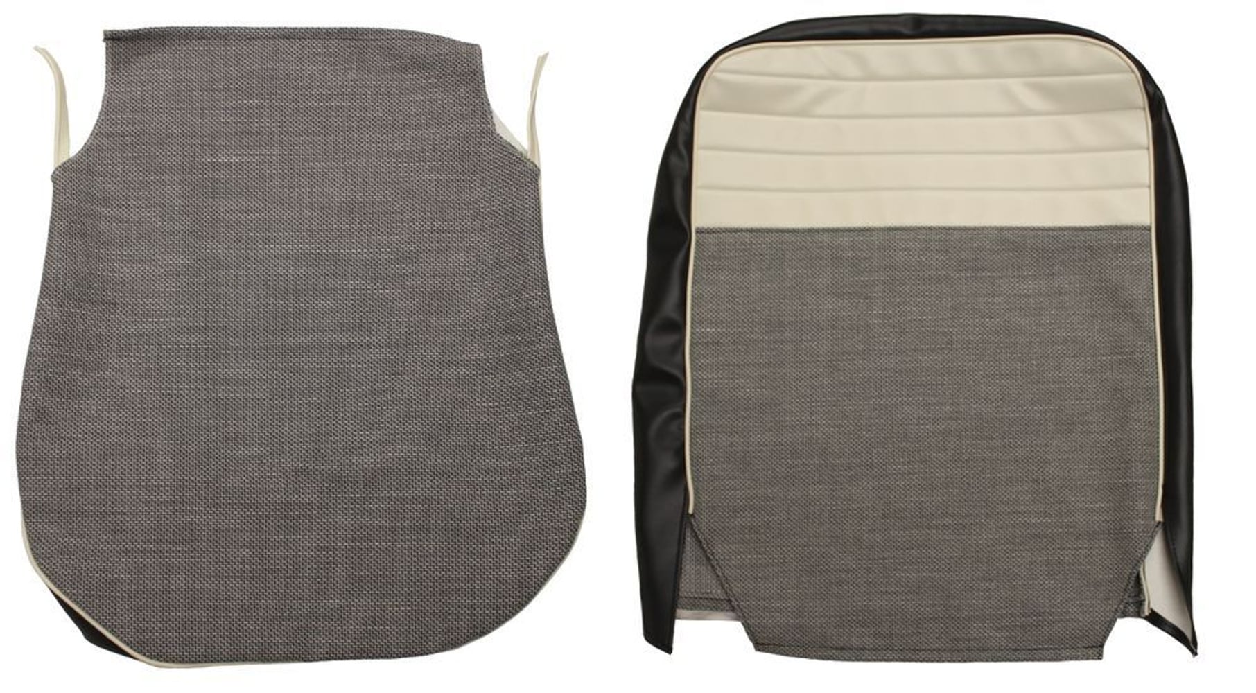 Bekleding voor de voorstoelen van een Volvo Amazon 4d uit 1957-58, grijs/zwart, met inklapbare bevestigingspunten.