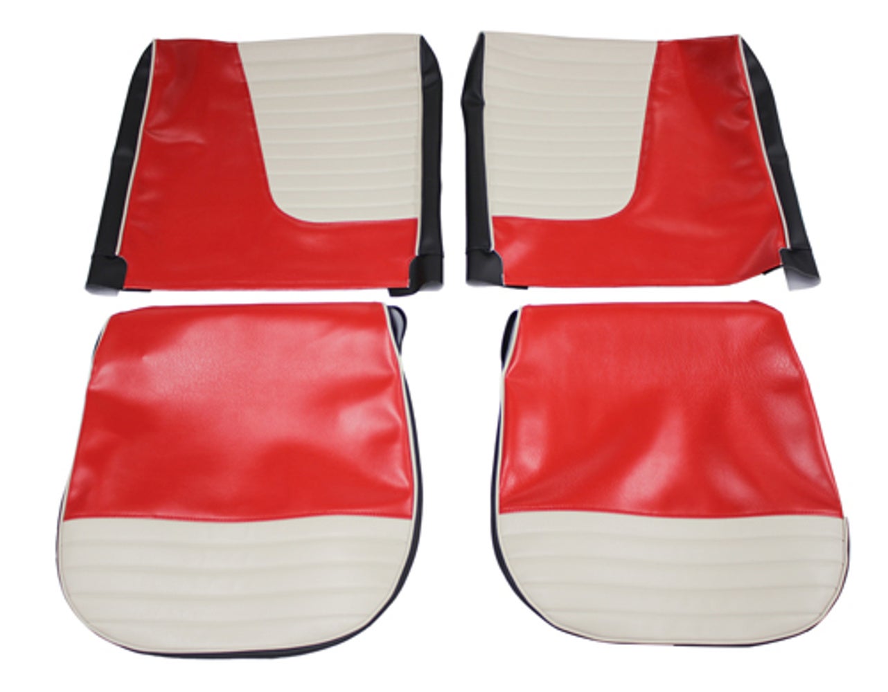 Bekleding voor de voorstoelen van de Volvo PV444L 1957-58 (VS) in rood/beige/zwart.