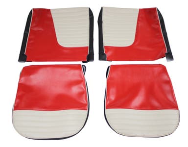 Bekleding voor de voorstoelen van de Volvo PV444L 1957-58 (VS) in rood/beige/zwart.
