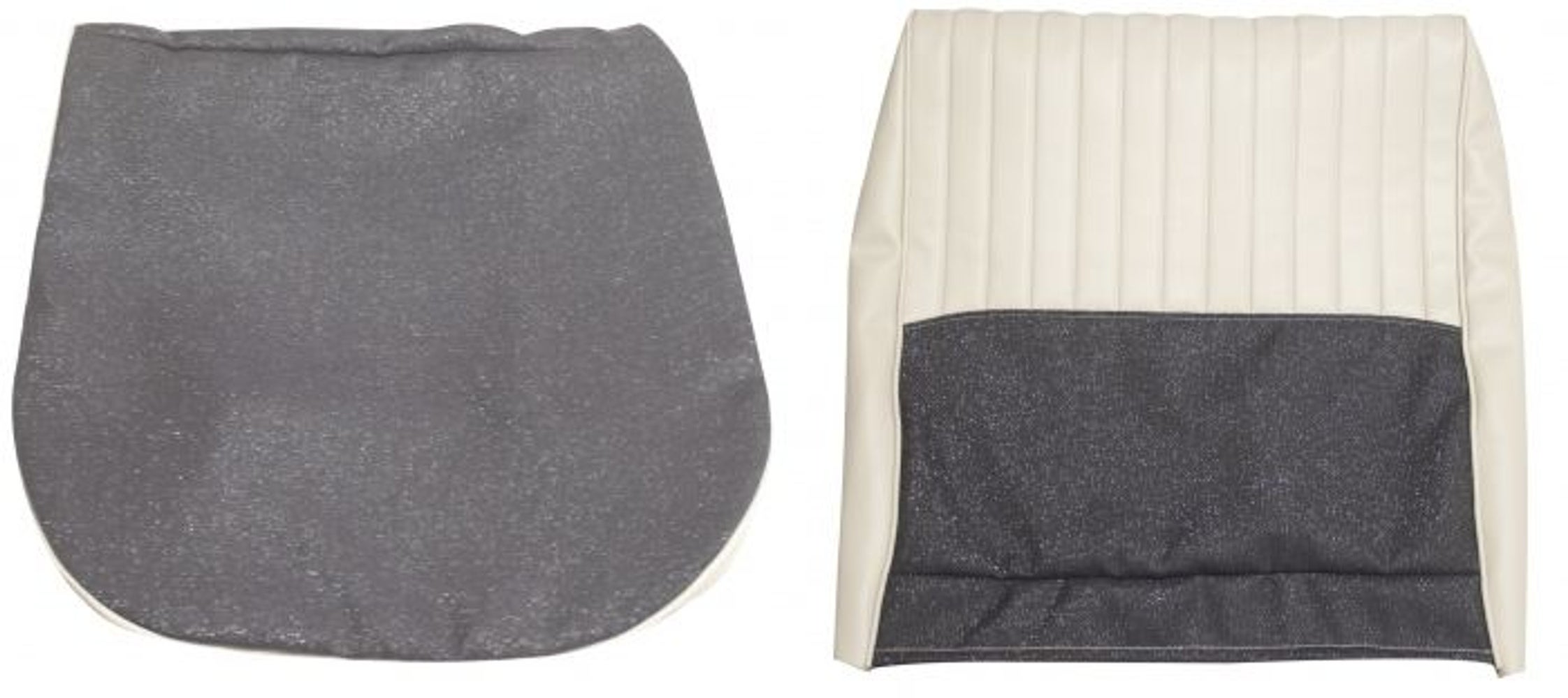 Bekleding voor de voorstoelen van een Volvo Amazon 4d uit 1959-1960, blauw/beige, met inklapbare onderdelen.