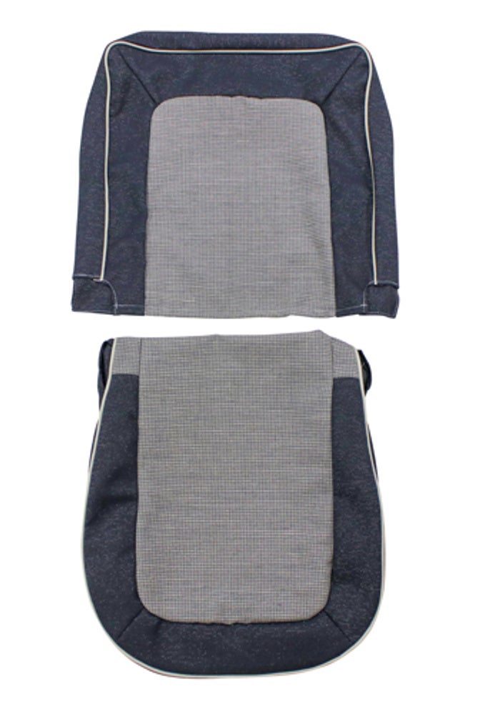 Bekleding voor de voorstoel van een Volvo PV444 K-L uit 1956-57, blauw/grijs.