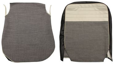 Bekleding voor de voorstoelen van een Volvo Amazon 4d uit 1957-58, grijs/zwart, met inklapbare bevestigingspunten.
