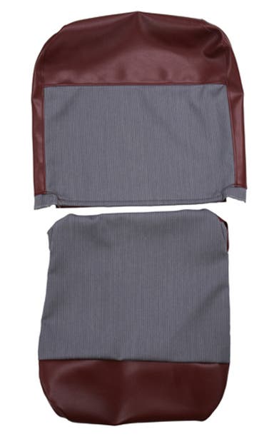 Bekleding voor de voorstoel van een Volvo Duett 445 uit 1953-1957, bordeauxrood/grijs.