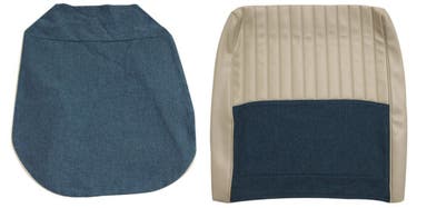 Bekleding voor de voorstoelen van een Volvo Amazon 4d uit 1959-1960, turquoise, met inklapbare onderdelen.